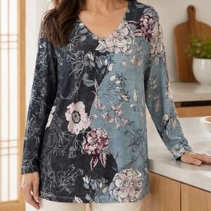 Easywear by Chicos Floral V-Neck Tunic Top Blue Charcoal 2 Large Long Sleeve CR3